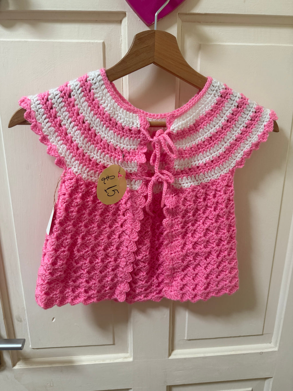 short sleeve pink and white cardigan